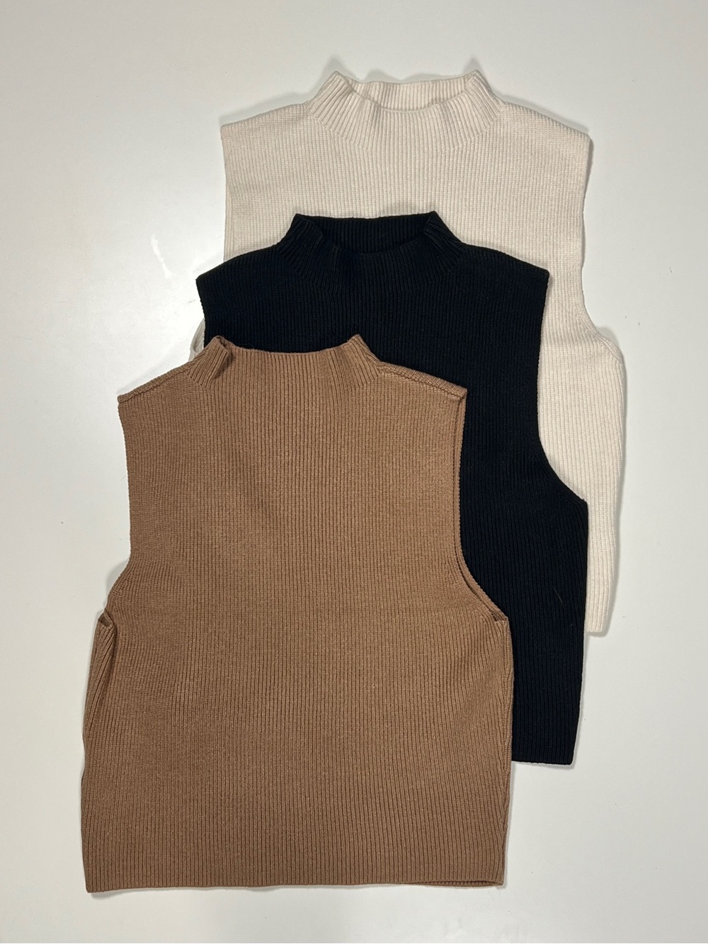 Men's Ribbed Sleeveless Mock Neck Sweater Vest - Black, Brown, Cream